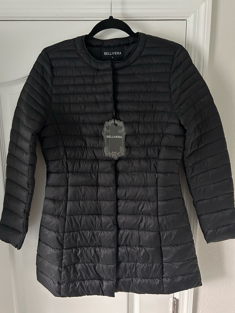 Bellivera Collarless Lightweight Quilted Puffer Jacket Full Zipper Snap Front